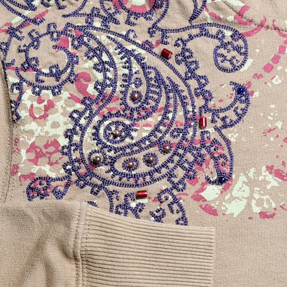 VTG Y2K Full Zip Hoodie Women‎ Large Tan Paisley Beaded Embroidered Y2K Casual